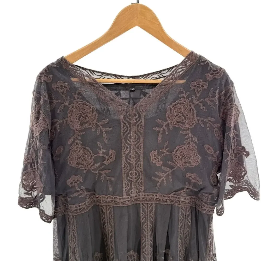 Lace Overlay Whimsigoth Maxi Short Sleeve M Dress Renaissance Moody Dark Fairy